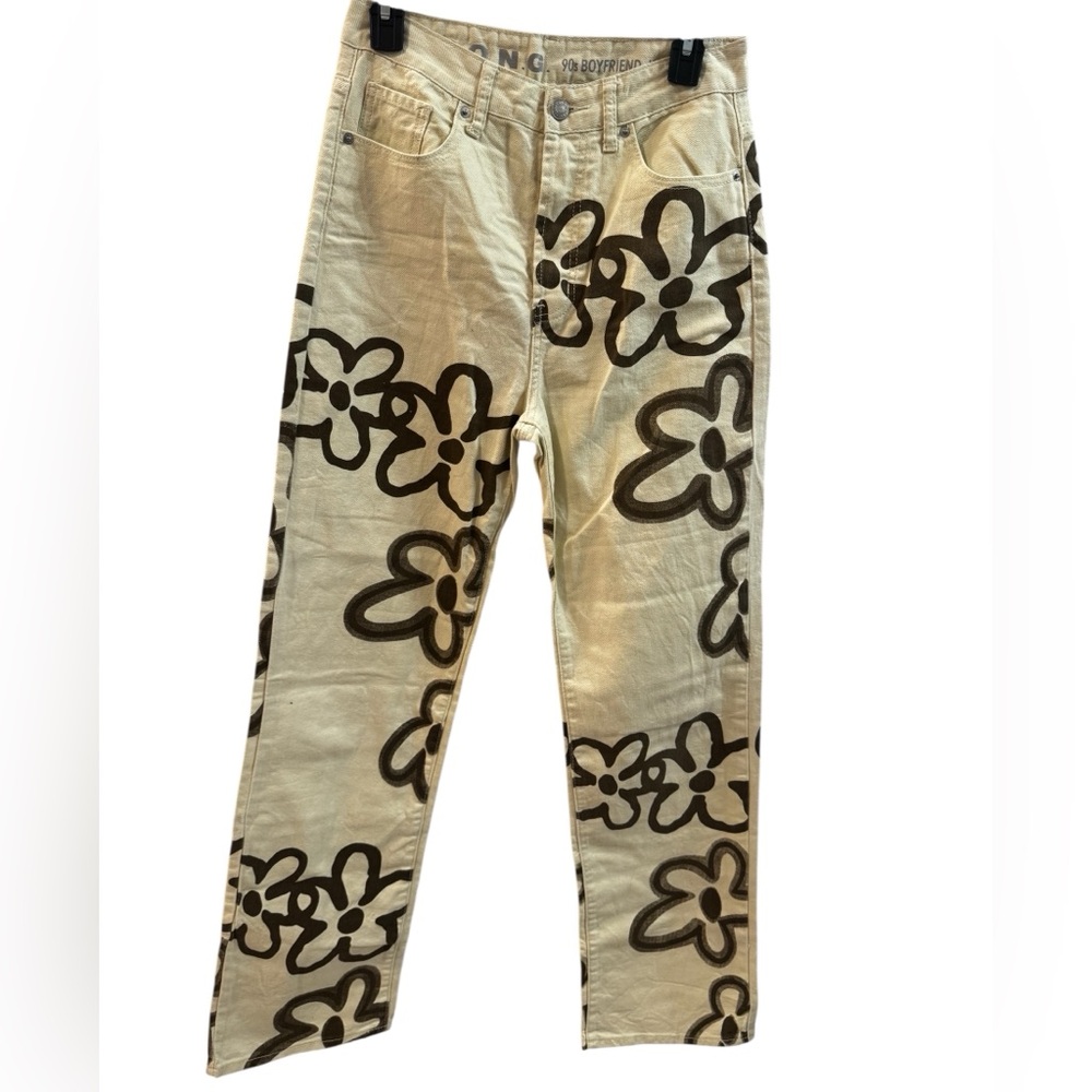S.O.N.G 90’s Boyfriend Flower print Khaki and brown straight leg jeans